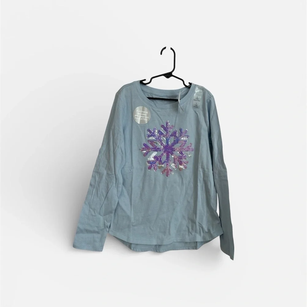 Gap Kids Blue Long Sleeve Flip Sequin Snowflake Crewneck Cotton Shirt Sz L10 NWT