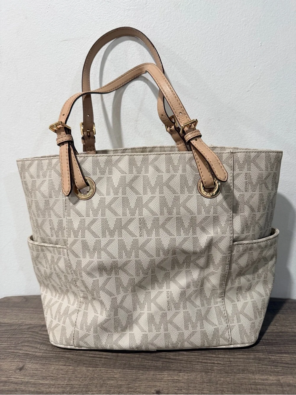 Michael Kors Beige Logo Canvas Tote with Tan Trim