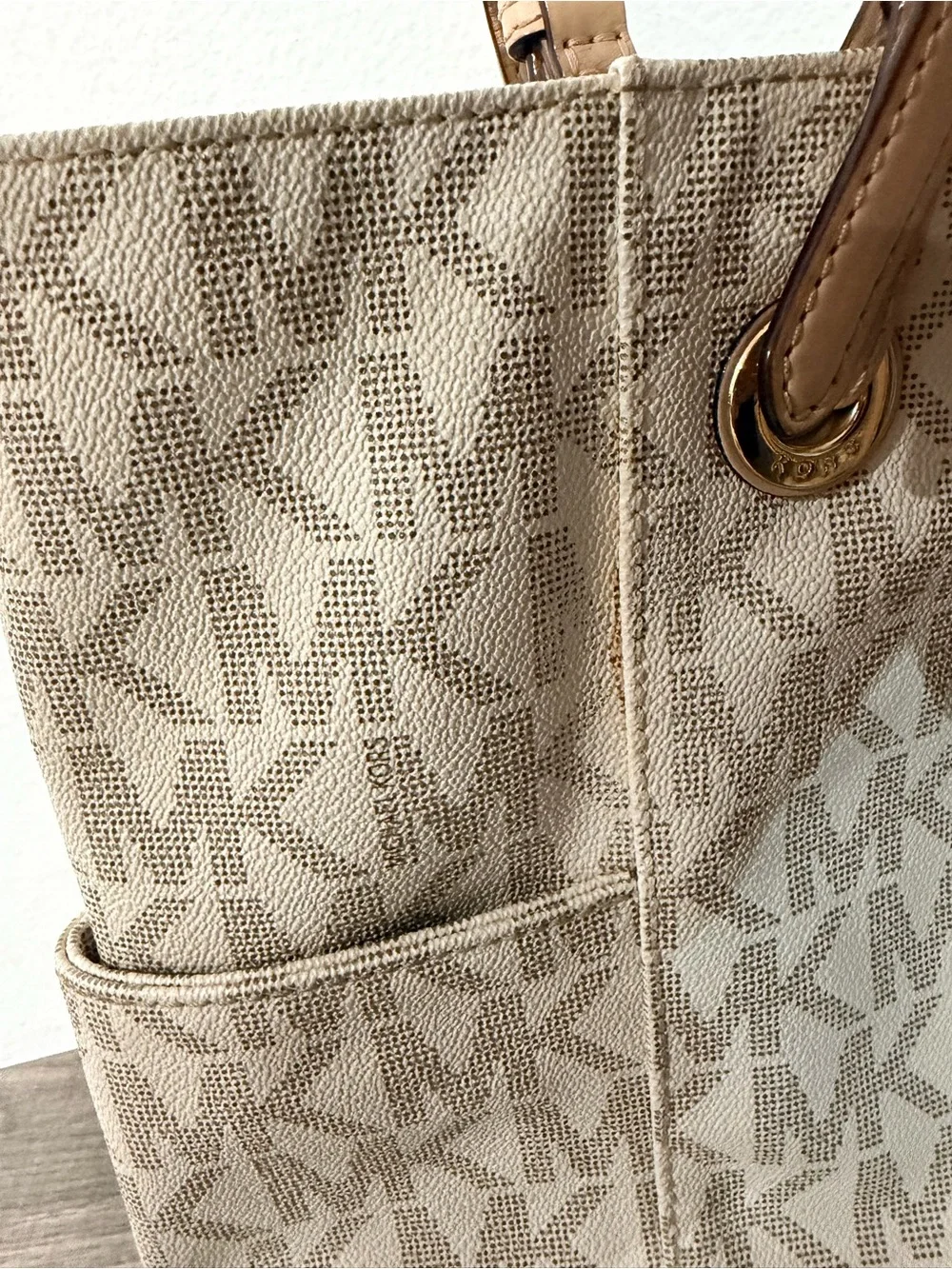 Michael Kors Beige Logo Canvas Tote with Tan Trim