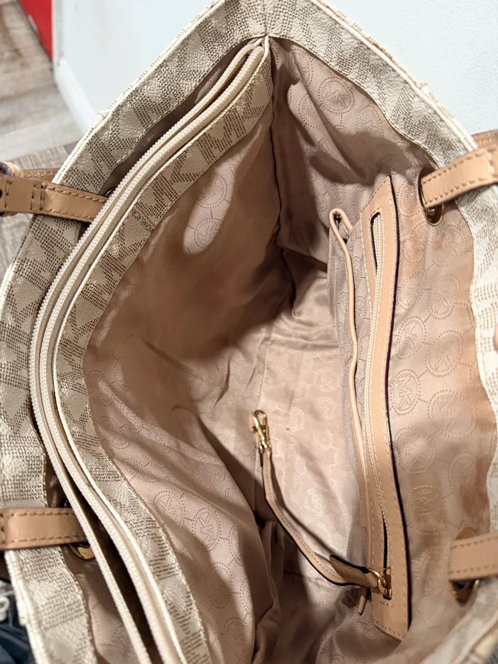 Michael Kors Beige Logo Canvas Tote with Tan Trim