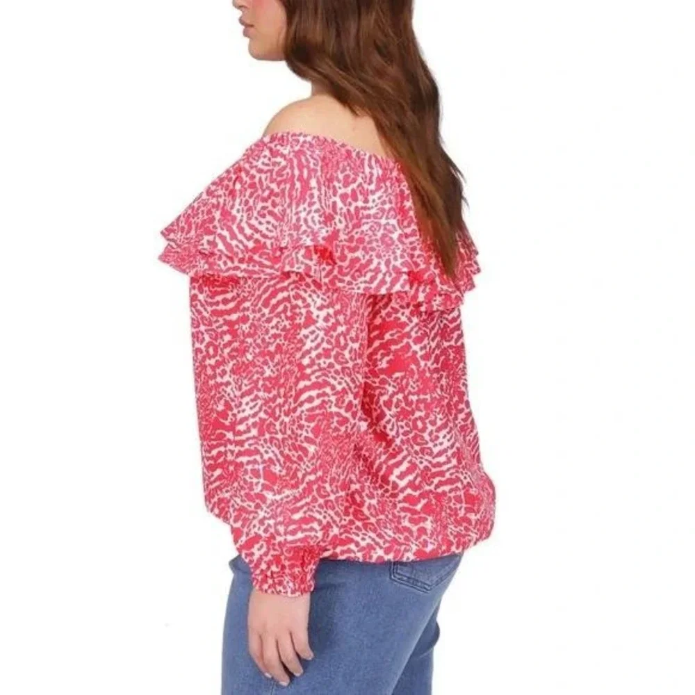 Michael Kors Ruffled Off Shoulder Blouse Animal Print Top Sz 0X‎ / #7229