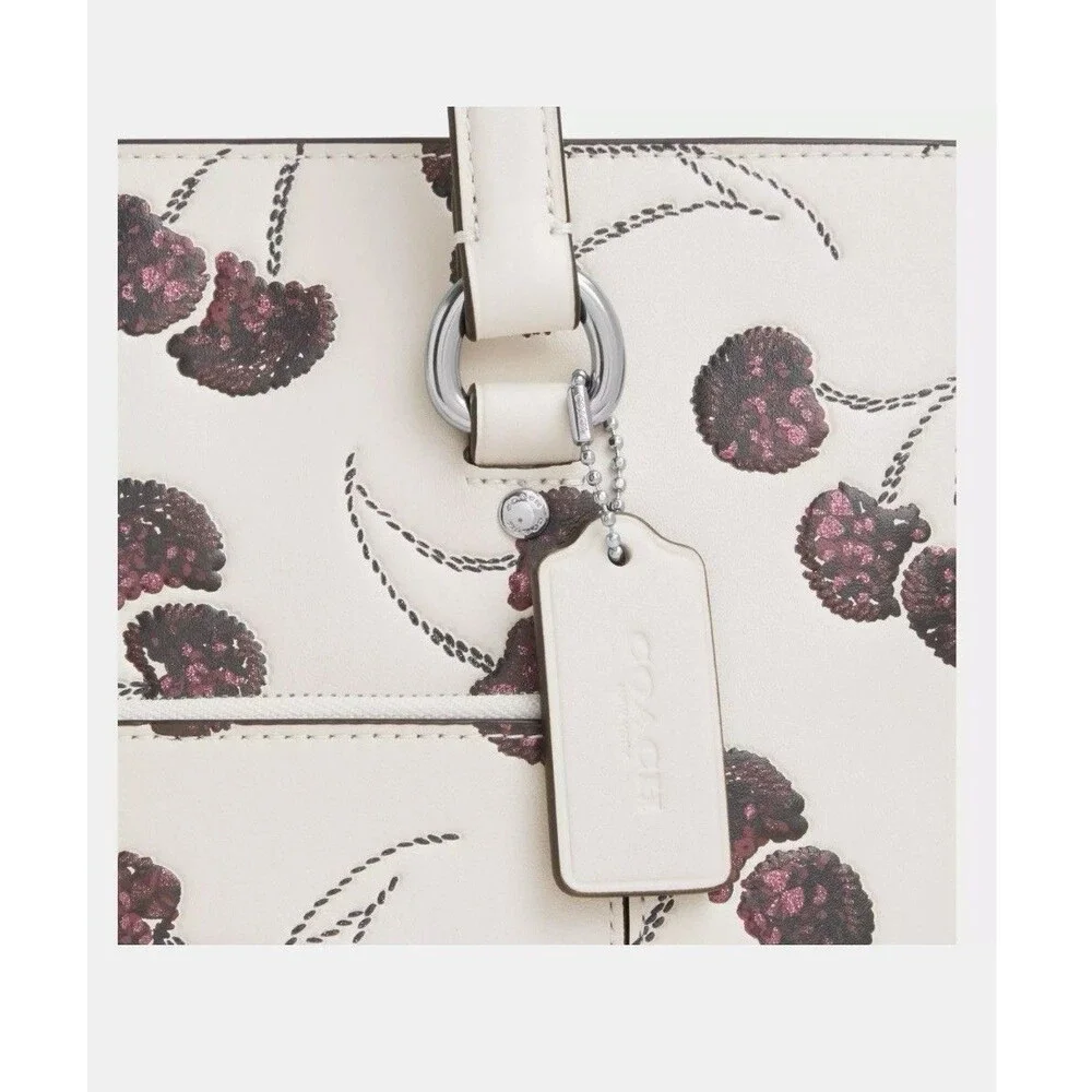COACH CCZ14 Station Tote Bag With Cherry Print Smooth Leather Silver/Chalk Multi