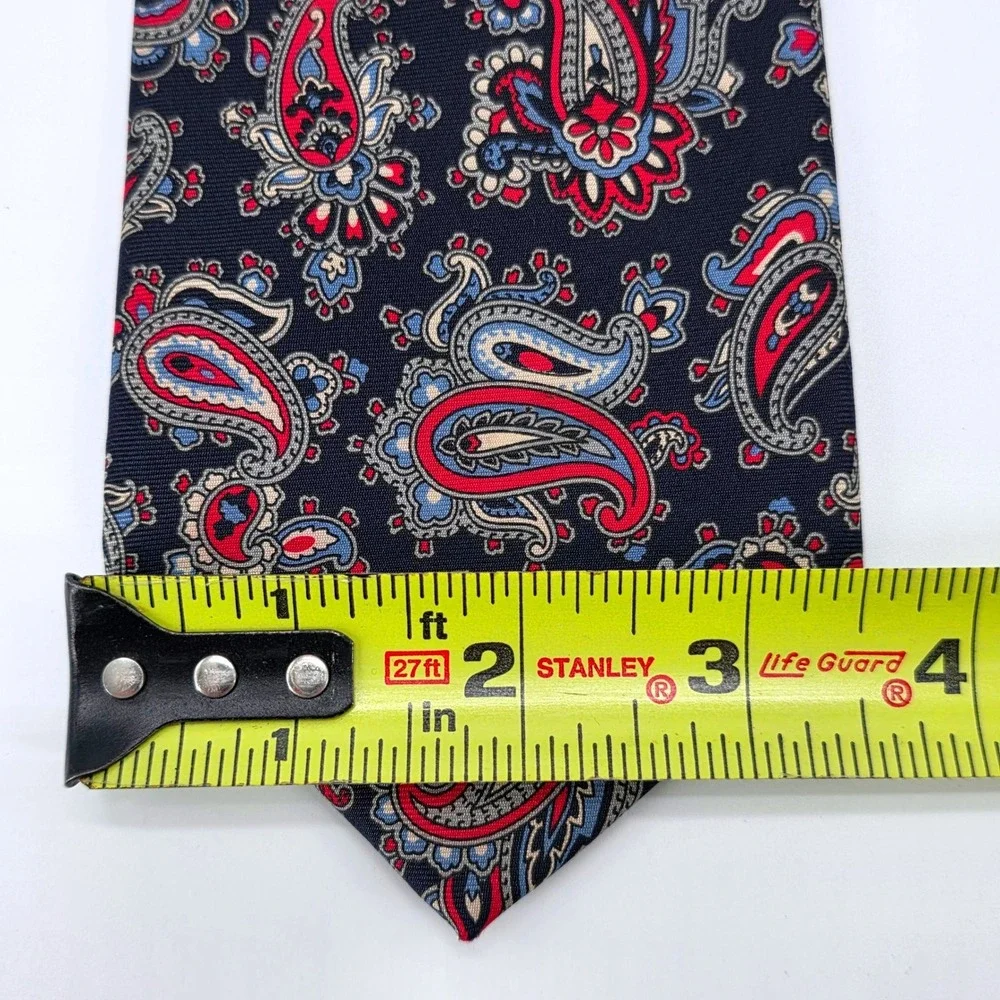Christian Dior Mens Silk Paisley Tie Navy Blue Red Woven Italian Fabric USA Made