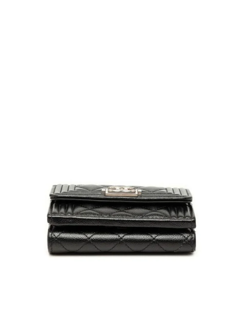Chanel Boy CC Logo Small Mini Wallet Trifold Flap Black Caviar Leather