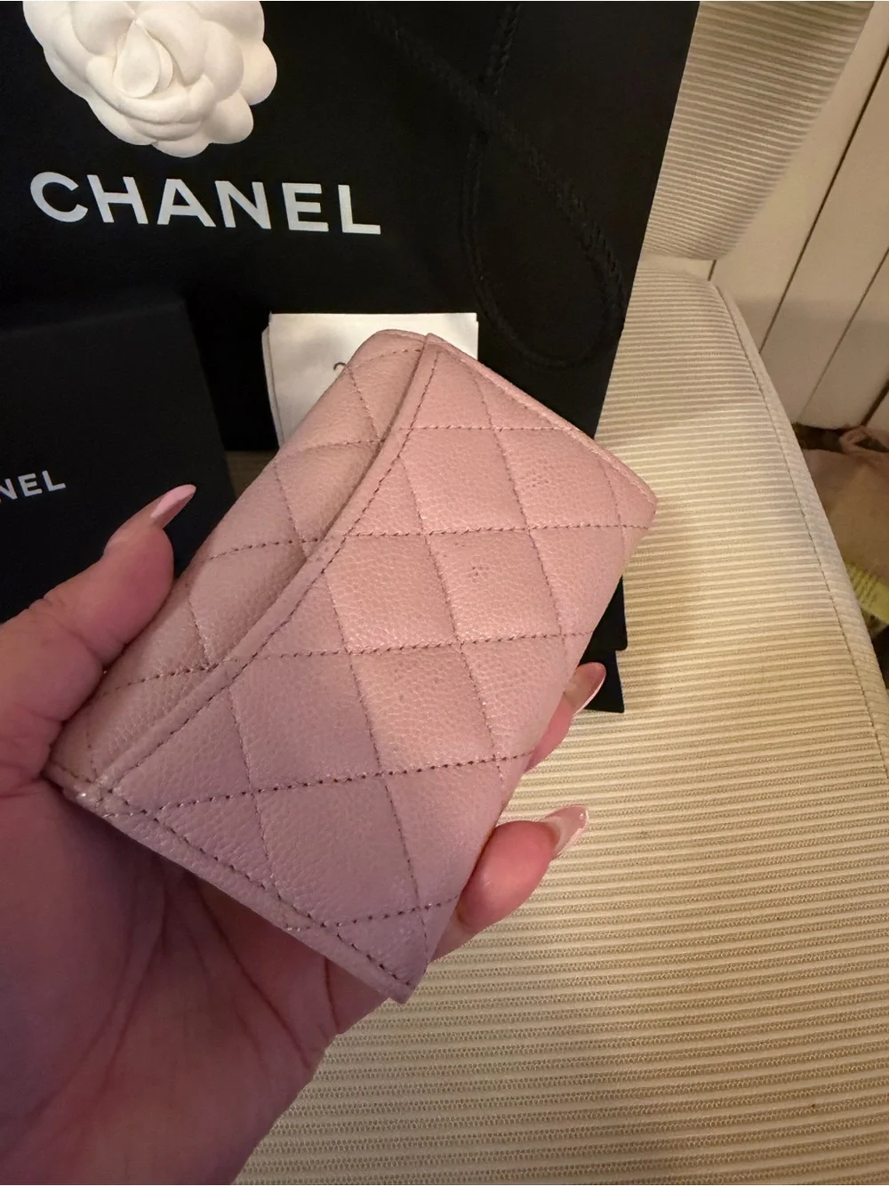 CHANEL 24P Quilted Caviar Card Holder Silver Hardware