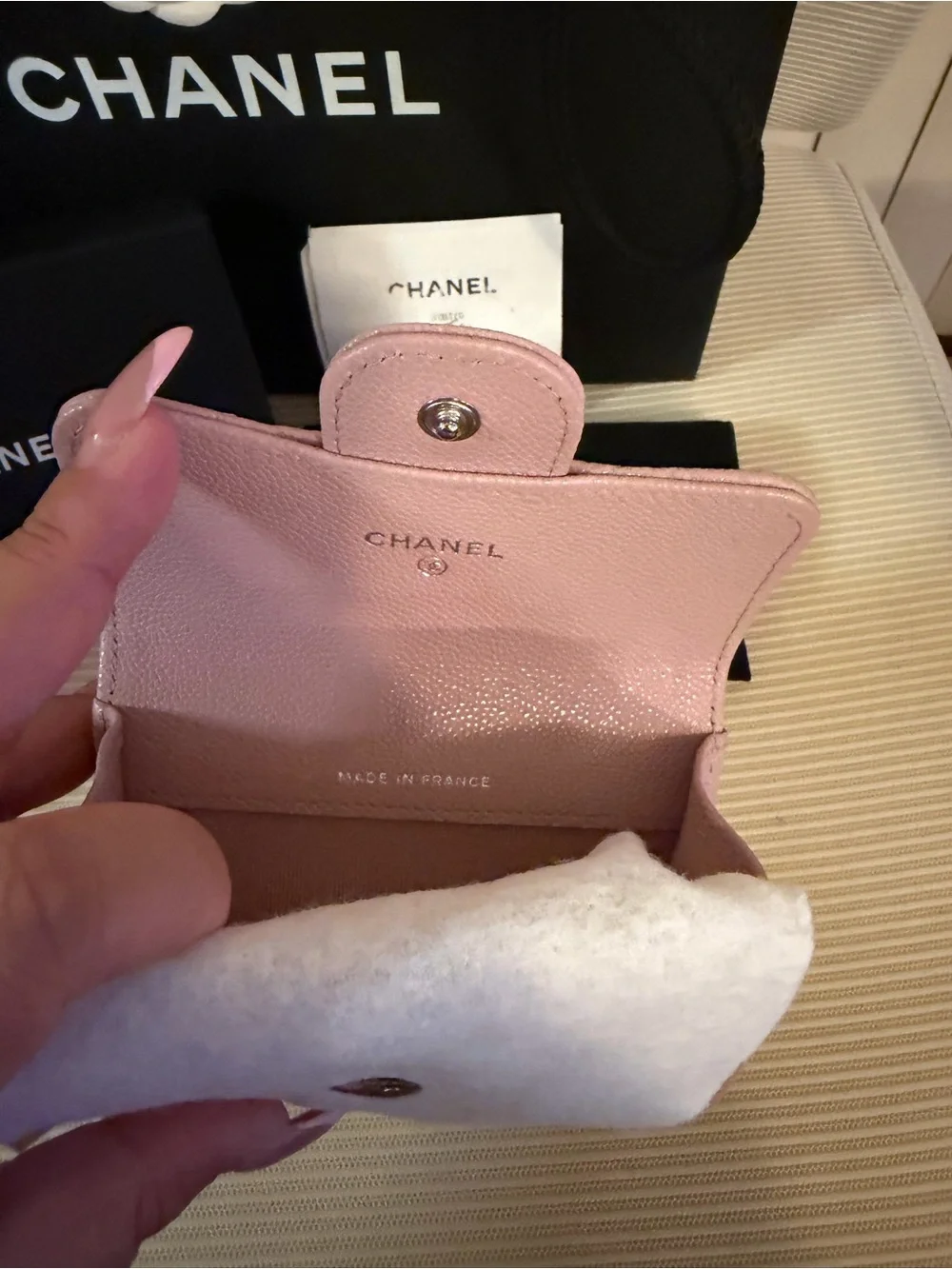CHANEL 24P Quilted Caviar Card Holder Silver Hardware