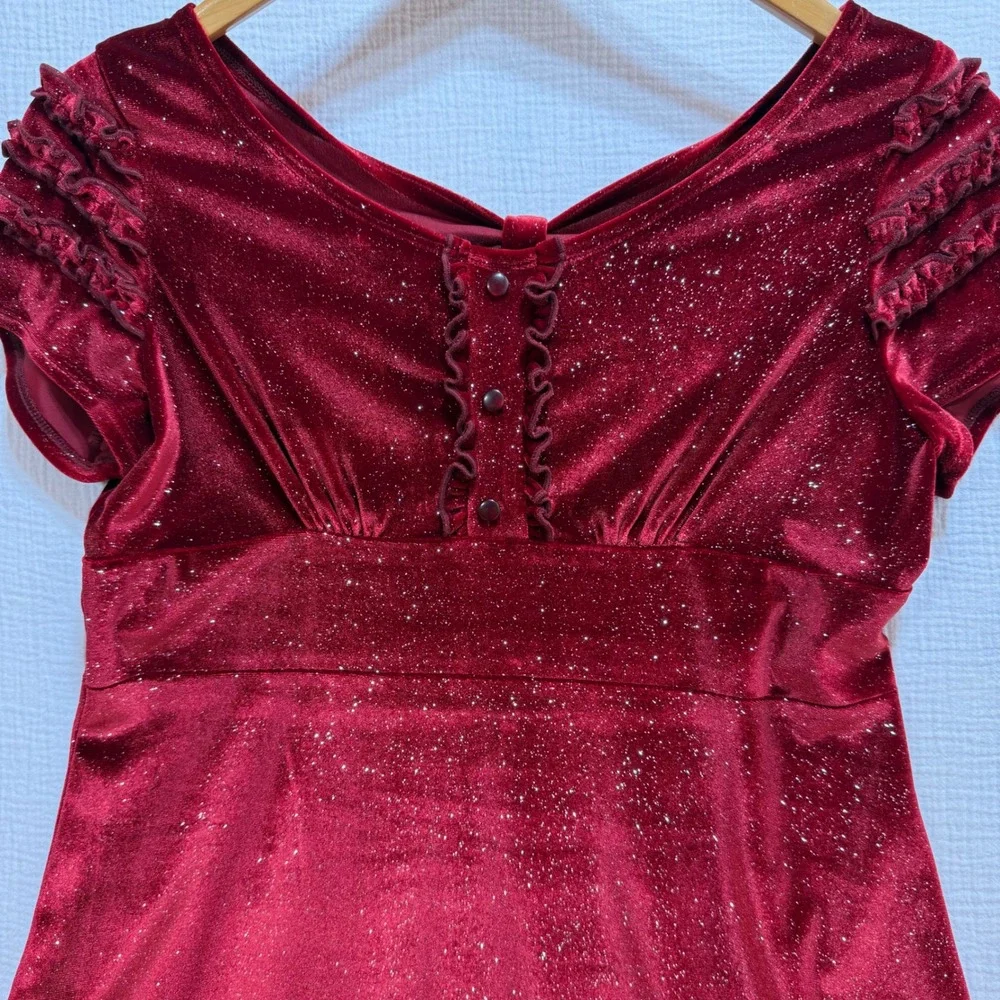 Hype Velvet‎ Glitter Dress Girls 16 Red Holiday Party Ruffle Sparkly V-Neck Y2K