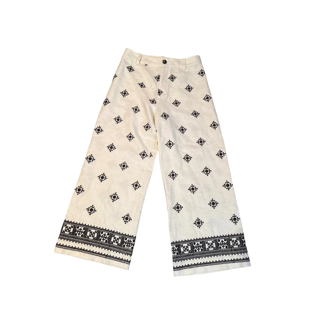 Zara Linen Blend Printed Pants -  Black & White - Medium