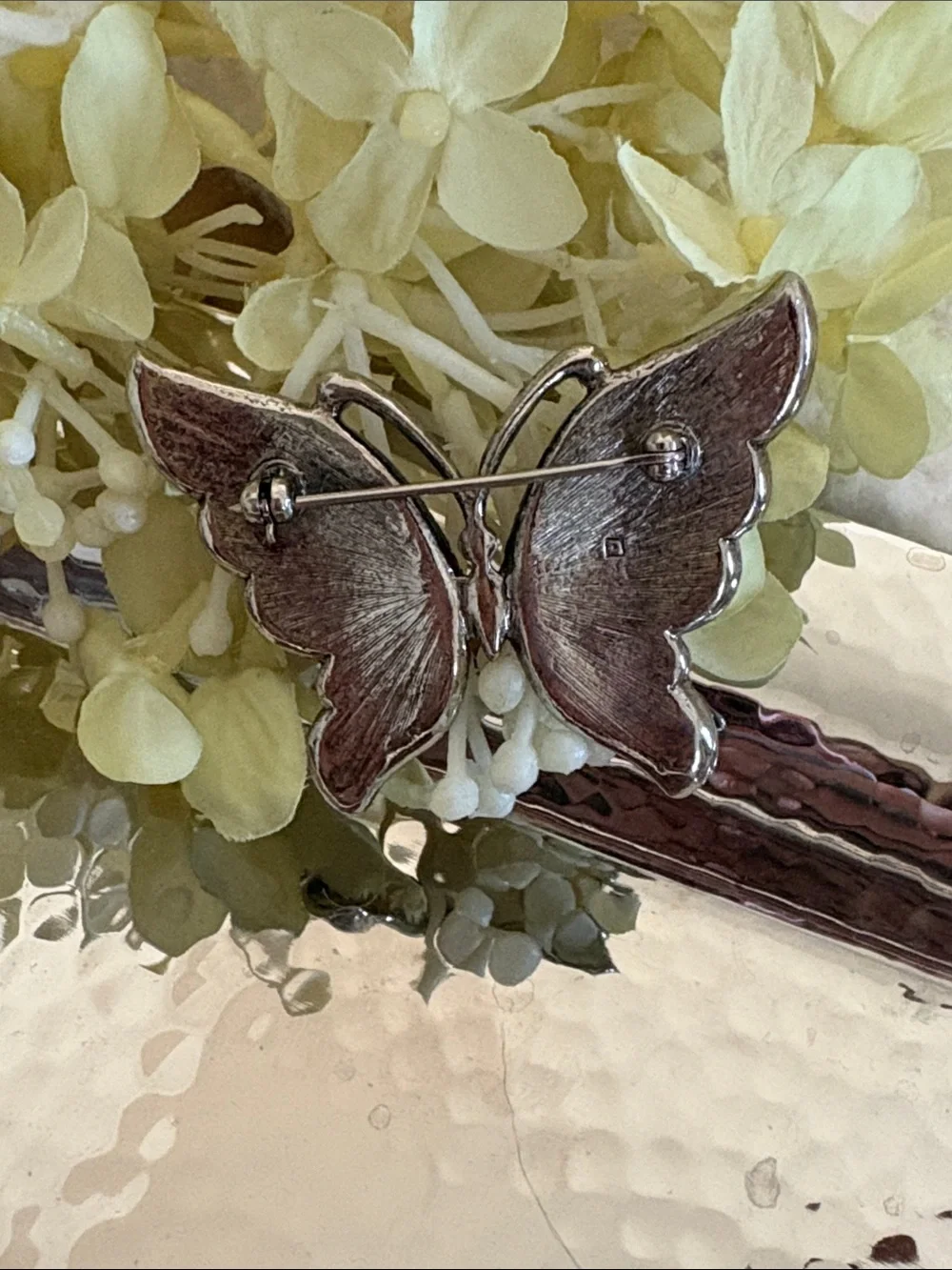 Butterfly Brooch Pin in Cream and Silver