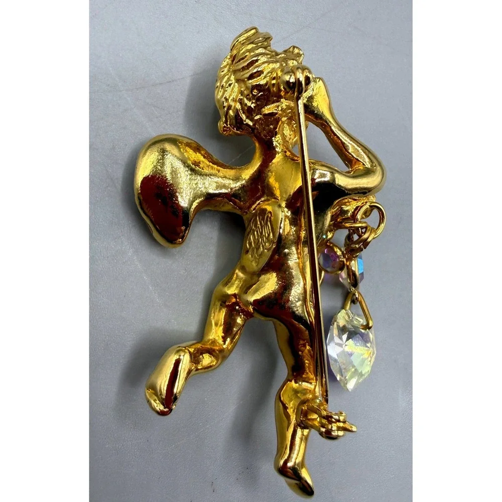 Kirks Folly Gold Tone Cherub Angel Brooch AB Rhinestone Heart Dangle Pin Vintage