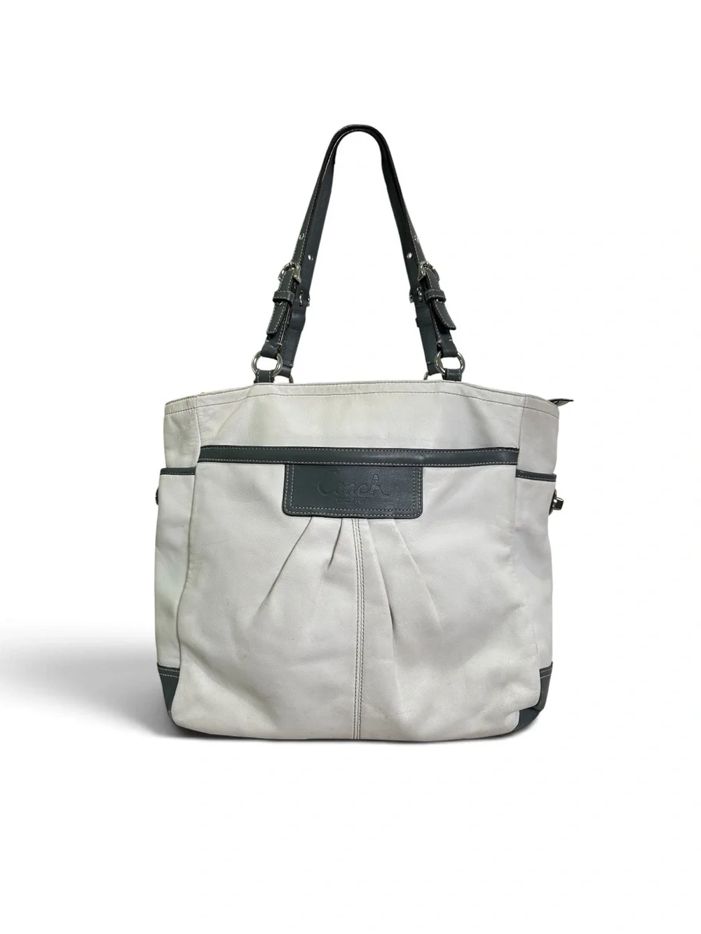 Coach Y2K Off-White/Ivory & Gray Soho Large Pleated Gallery Tote Bag