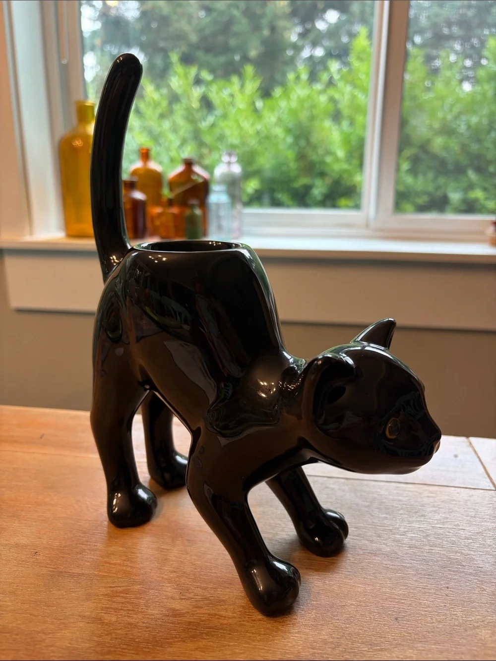 Glossy Black Ceramic Cat Tea Light Holder - Partylite