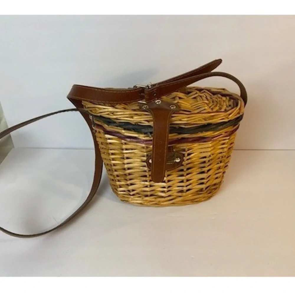 Vintage Wicker Basket Crossbody Bag Woven Picnic Purse Green Purple Accents