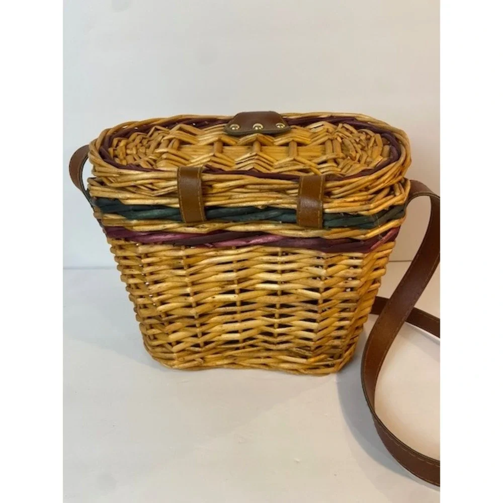 Vintage Wicker Basket Crossbody Bag Woven Picnic Purse Green Purple Accents