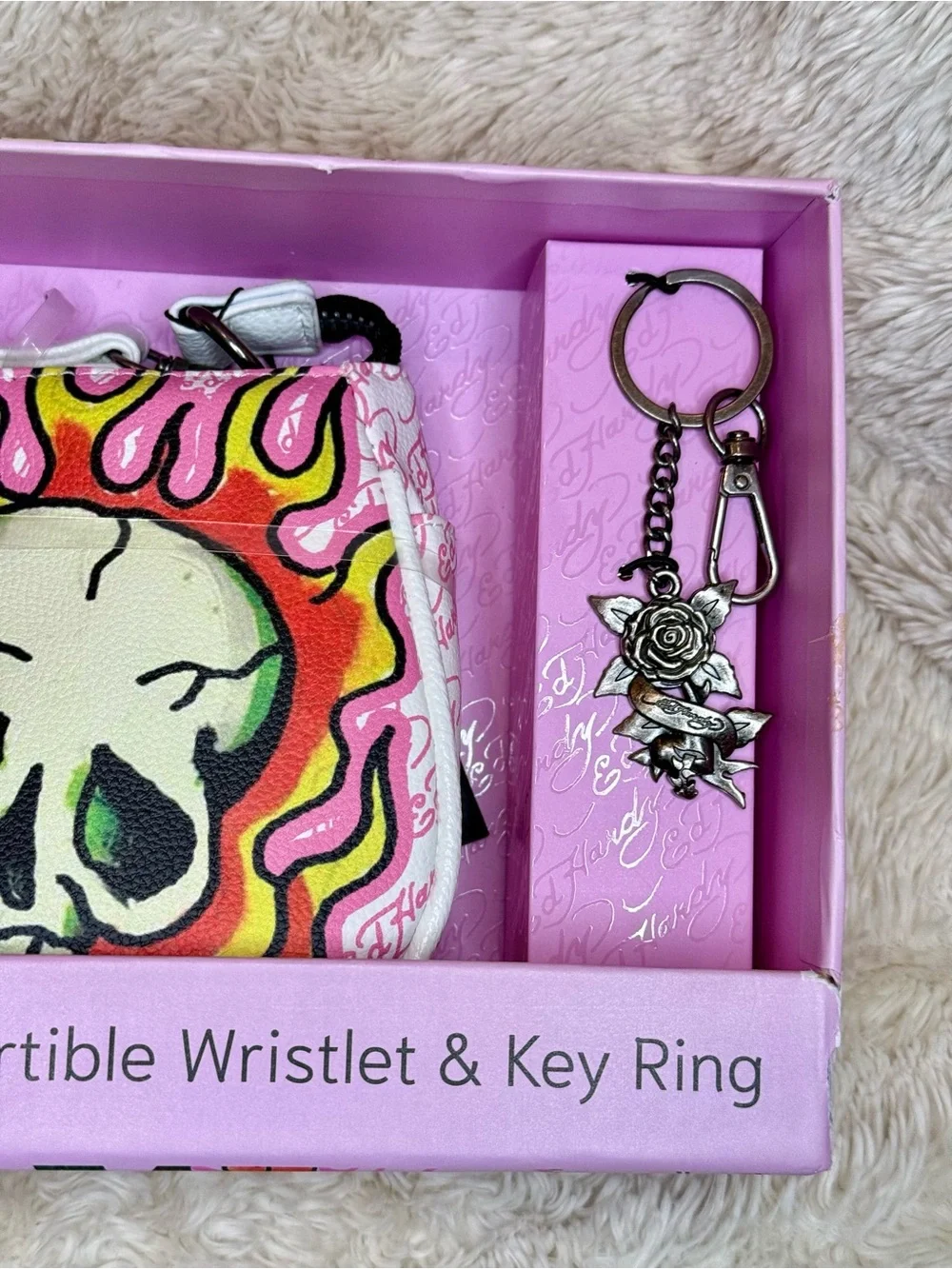 Ed Hardy White & Pink Skull Convertible Wristlet with Key Ring NWT