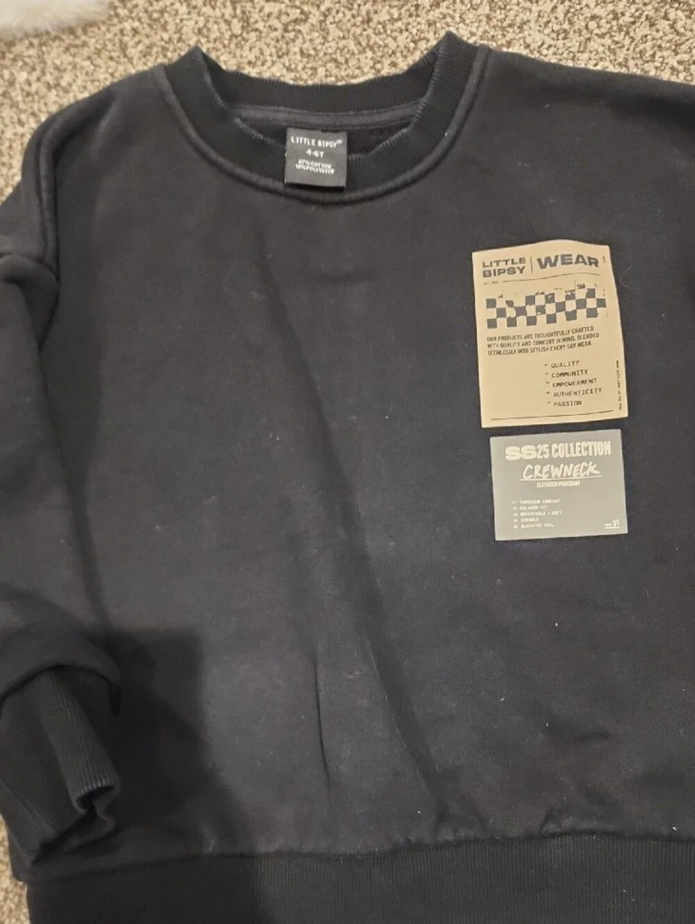 Little Bipsy Black Crewneck Sweatshirt with Tan Graphic Patches