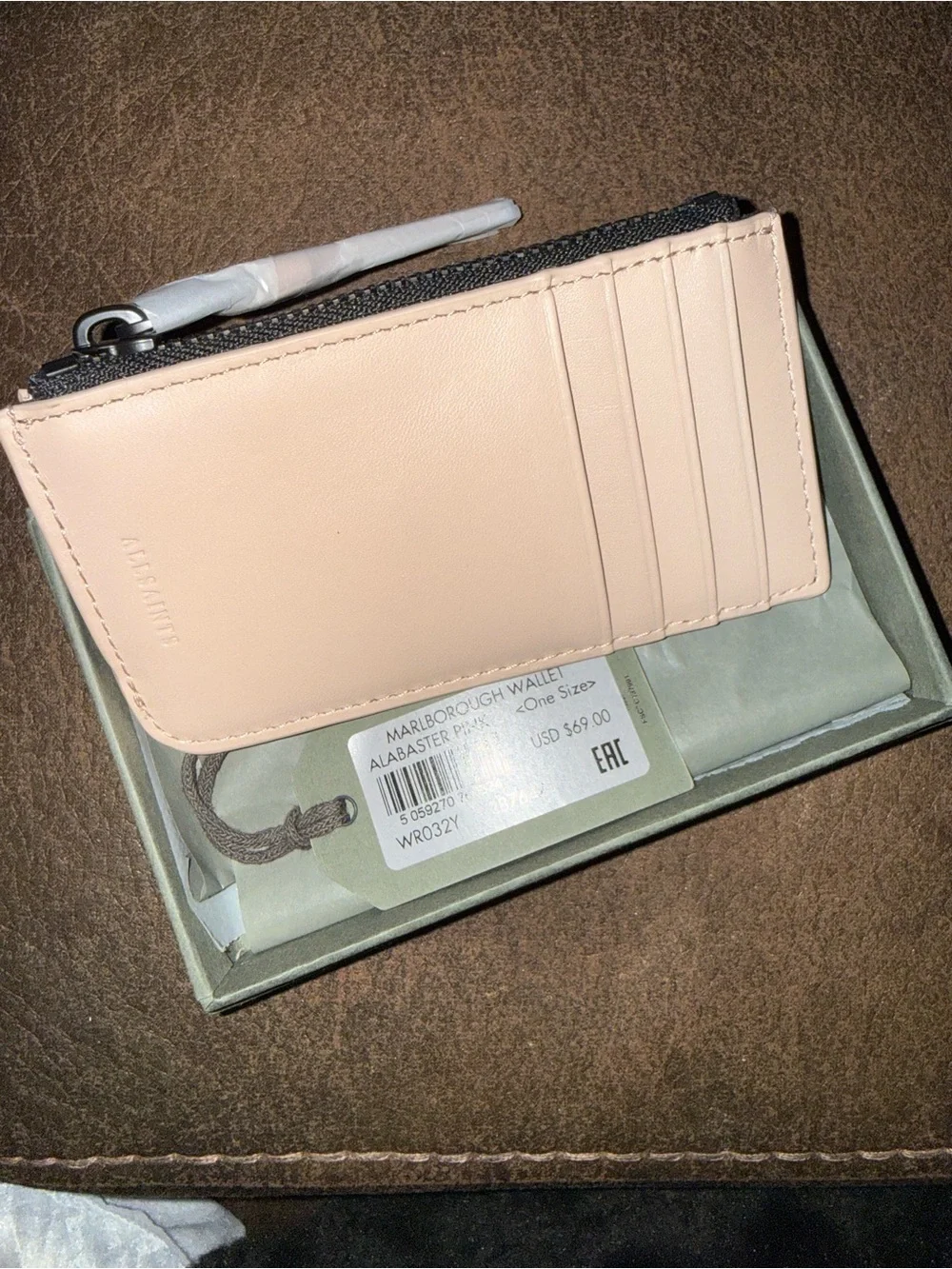 Allsaints Marlborough Leather cardholder card Wallet Alabaster Pink One Size NWT