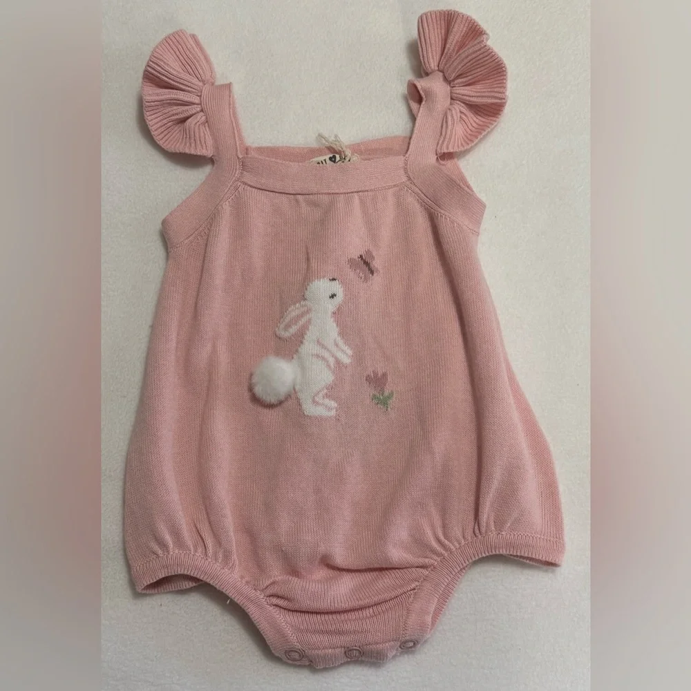 Infant Girl 3-6M 2-Pc Set Dusty Rose Romper with Bunny Design & Bunny Booties