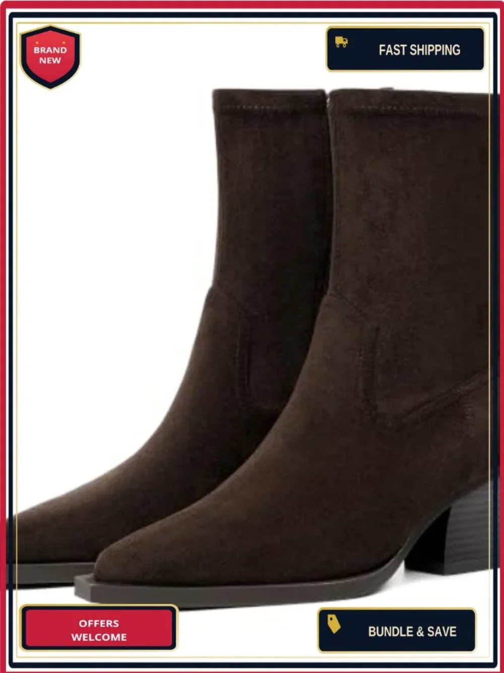 Women's Pointed Toe Chunky Block Heel Ankle Boots, Faux Suede Stretch Booties