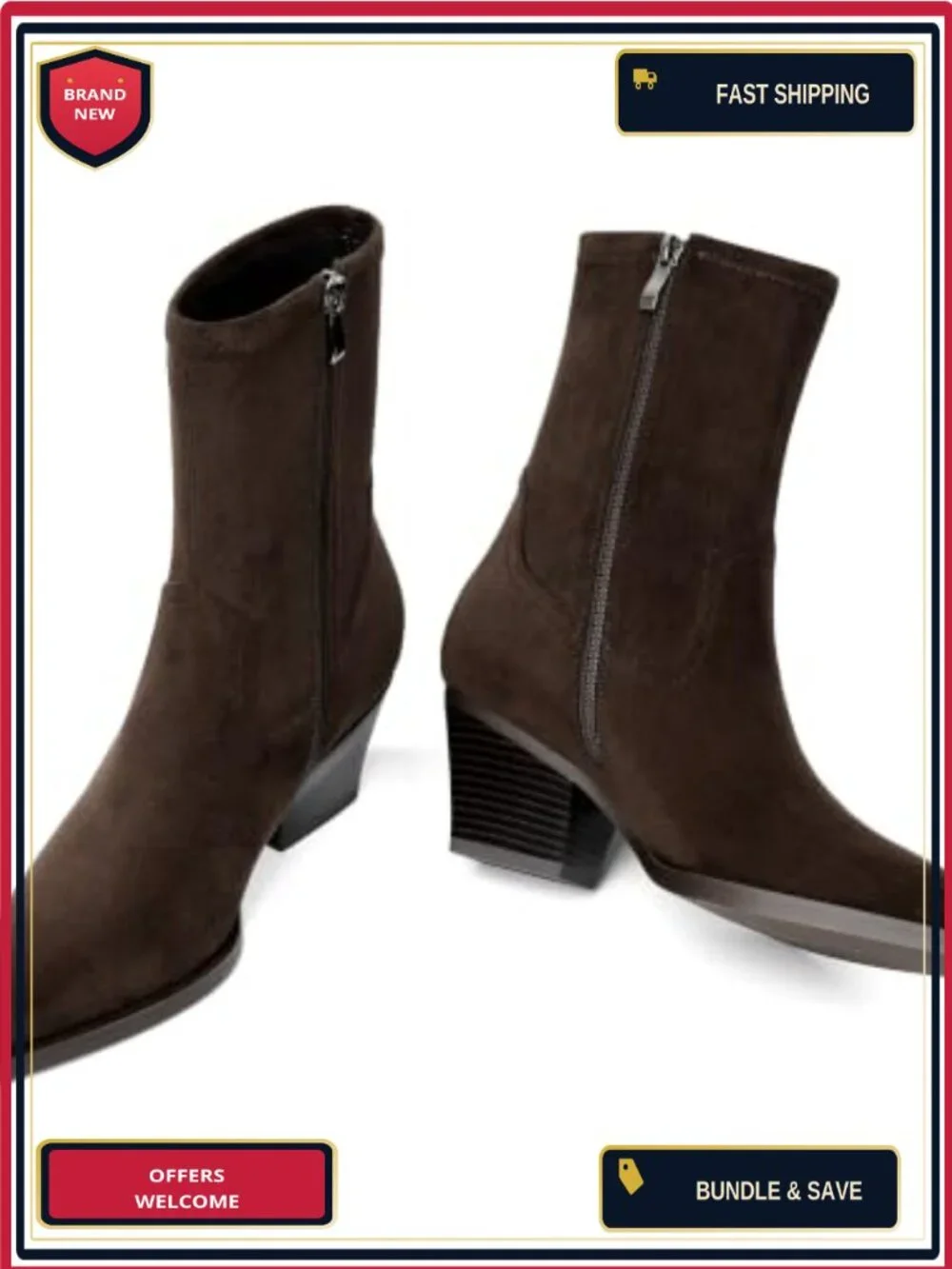 Women's Pointed Toe Chunky Block Heel Ankle Boots, Faux Suede Stretch Booties