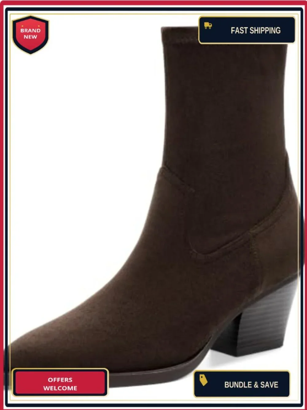Women's Pointed Toe Chunky Block Heel Ankle Boots, Faux Suede Stretch Booties