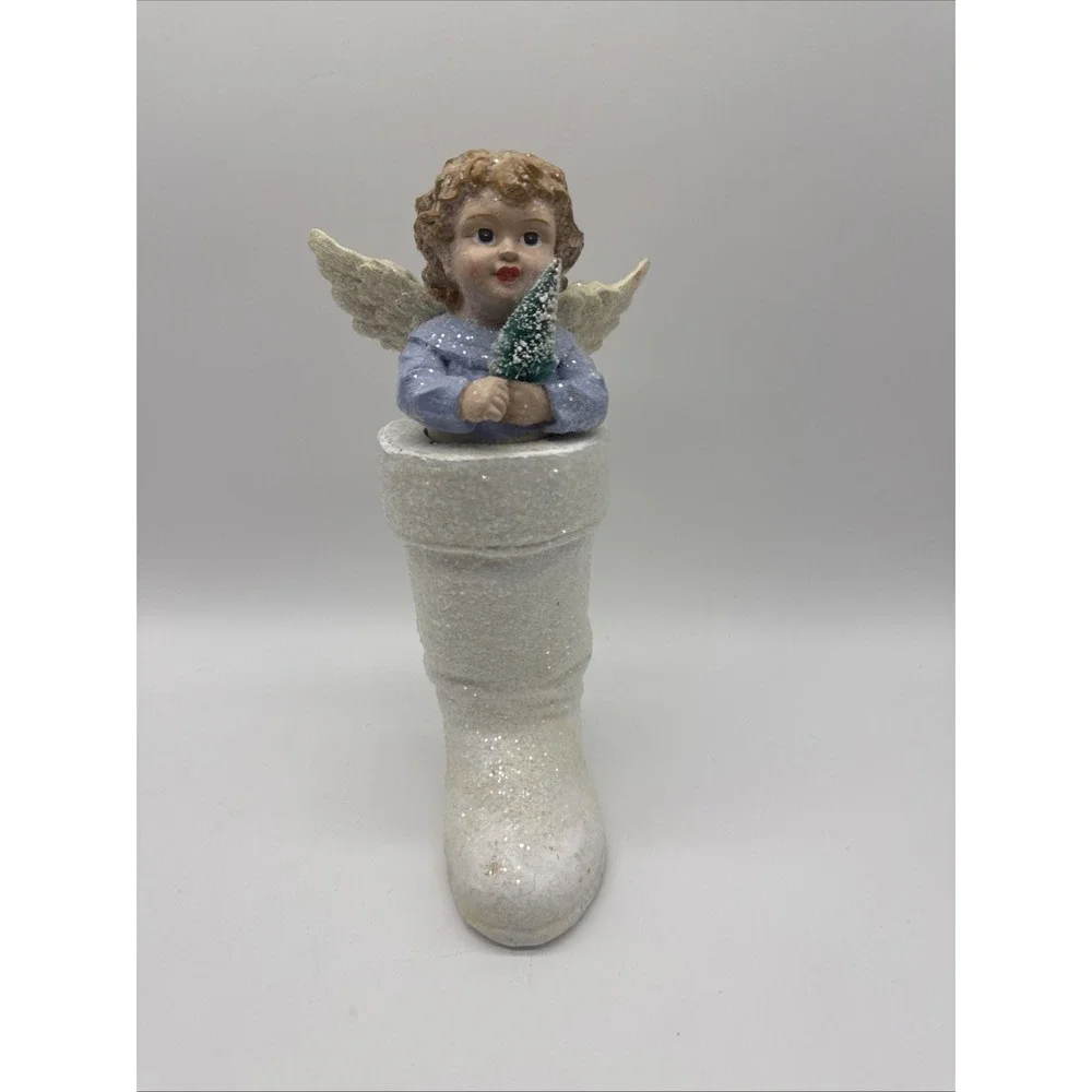 Glitter Angel in‎ Boot Figurine Vintage Shimmery Christmas Holiday Decor