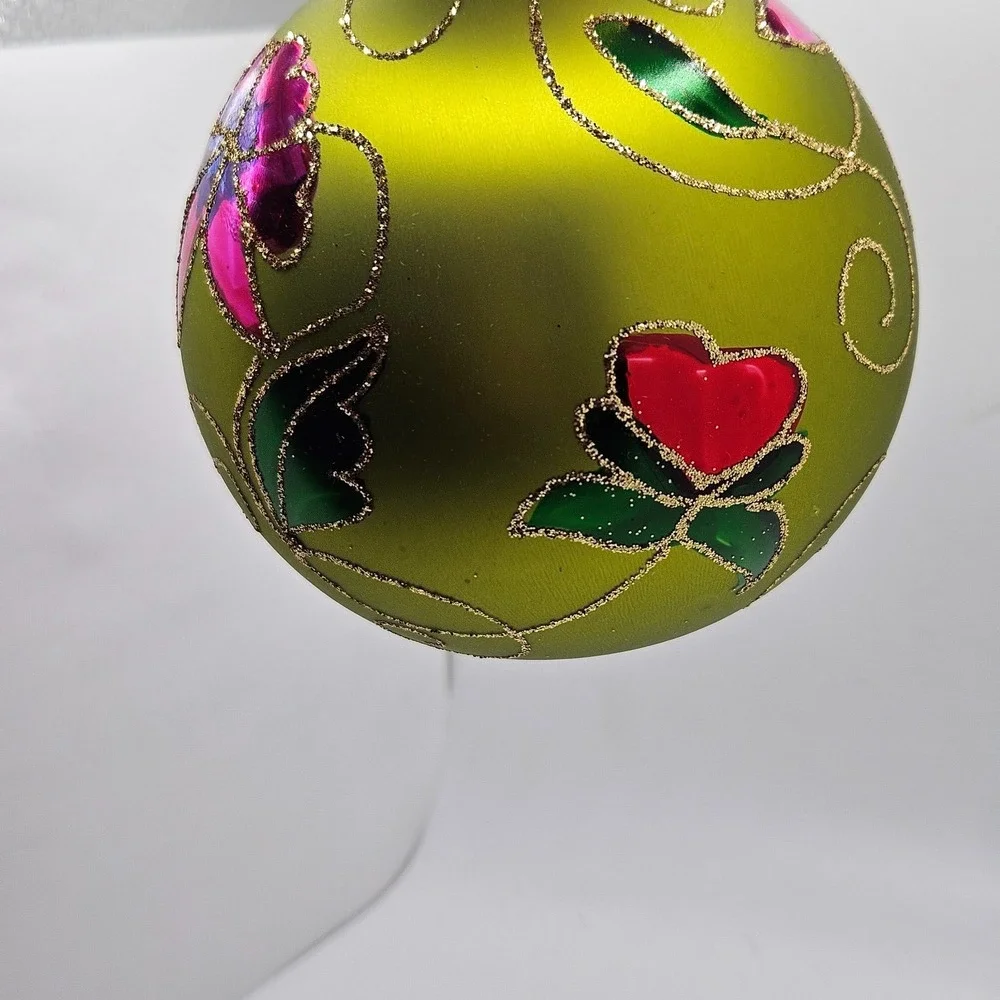 Vintage‎ Glass Christmas Ornament Green Floral Glitter Hand Painted Ball