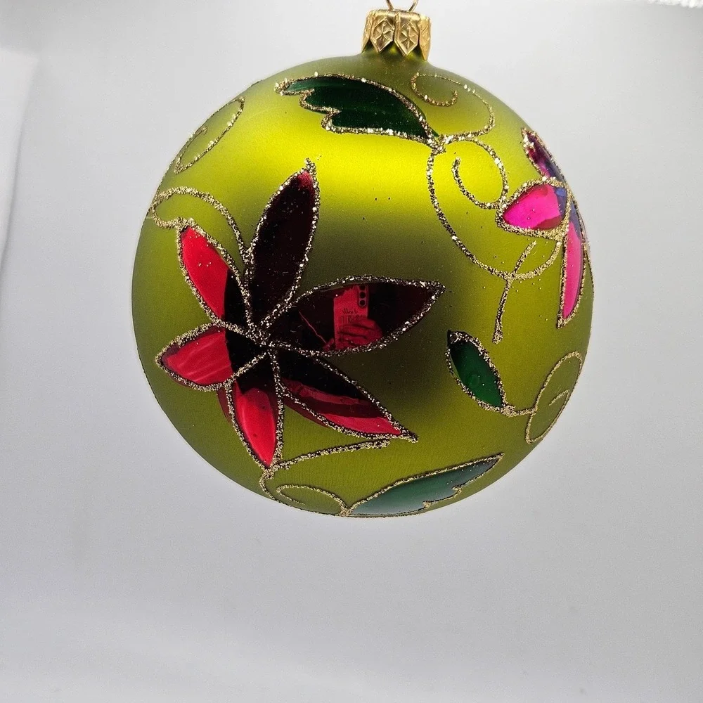 Vintage‎ Glass Christmas Ornament Green Floral Glitter Hand Painted Ball