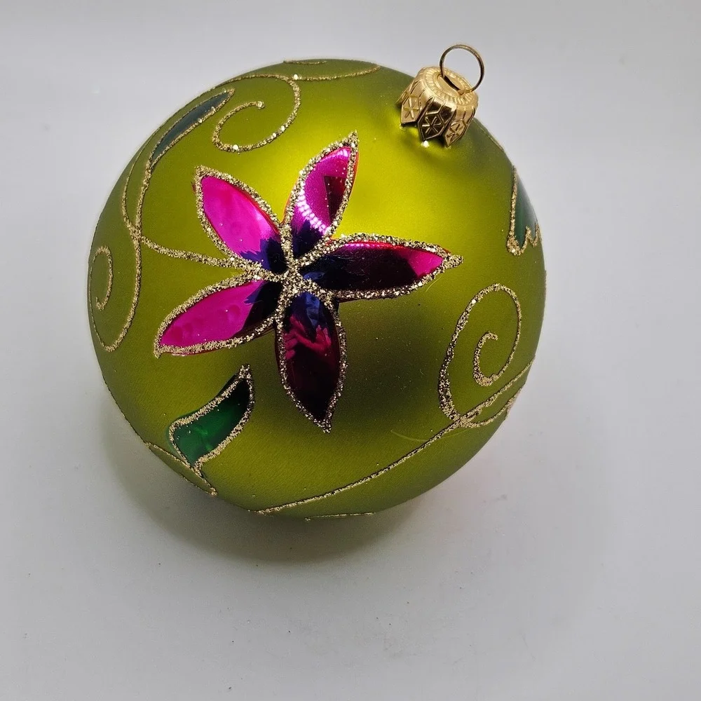 Vintage‎ Glass Christmas Ornament Green Floral Glitter Hand Painted Ball