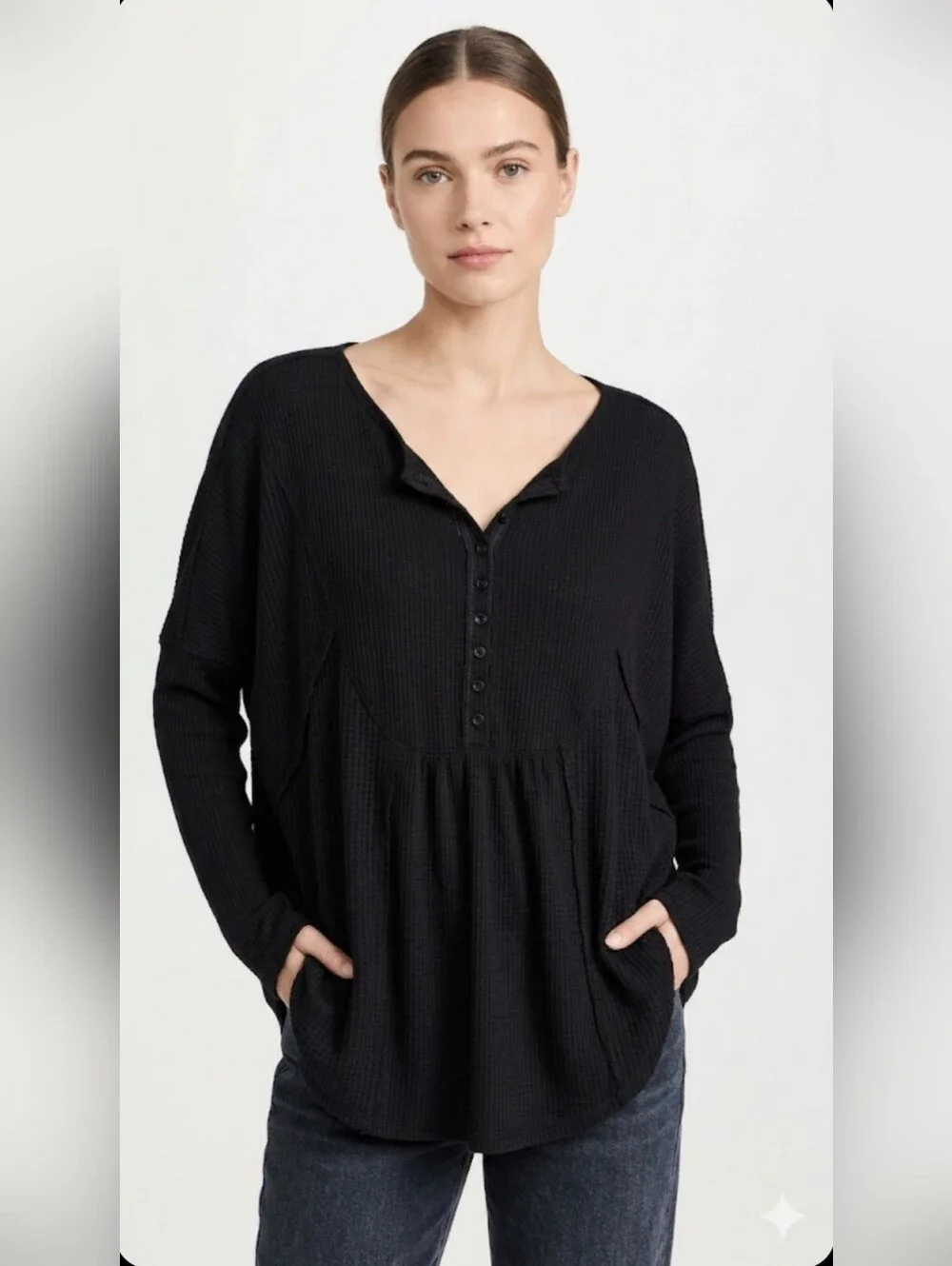 FREE PEOPLE Waffle Knit Henley Tunic Top - Black, Size L.