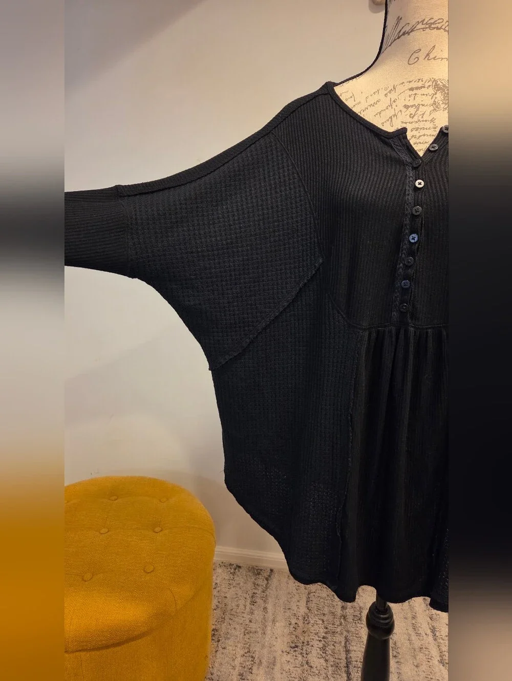 FREE PEOPLE Waffle Knit Henley Tunic Top - Black, Size L.