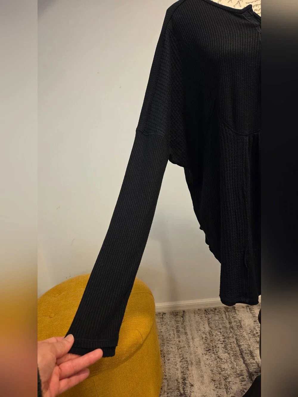 FREE PEOPLE Waffle Knit Henley Tunic Top - Black, Size L.
