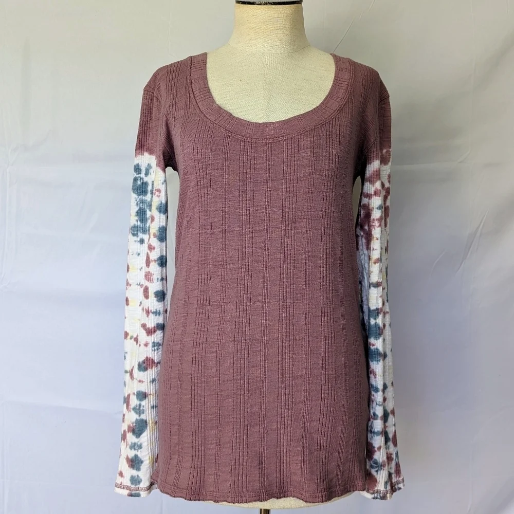 Free People Big Sur Top Long Tie Dyed Sleeves Scoop Neck Ribbed Knit Mauve L EUC