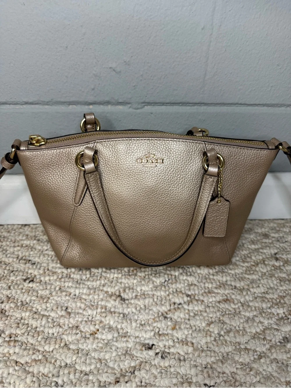 Coach Pebble Leather Small Kelsey Satchel in Metallic Beige w/ Detachable Strap