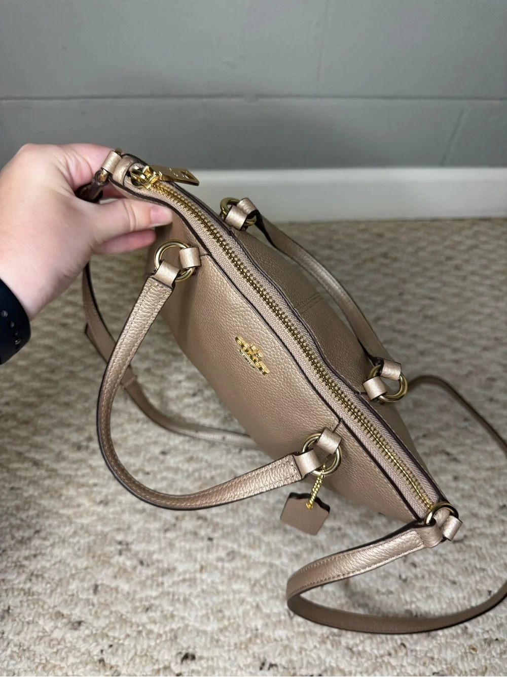 Coach Pebble Leather Small Kelsey Satchel in Metallic Beige w/ Detachable Strap