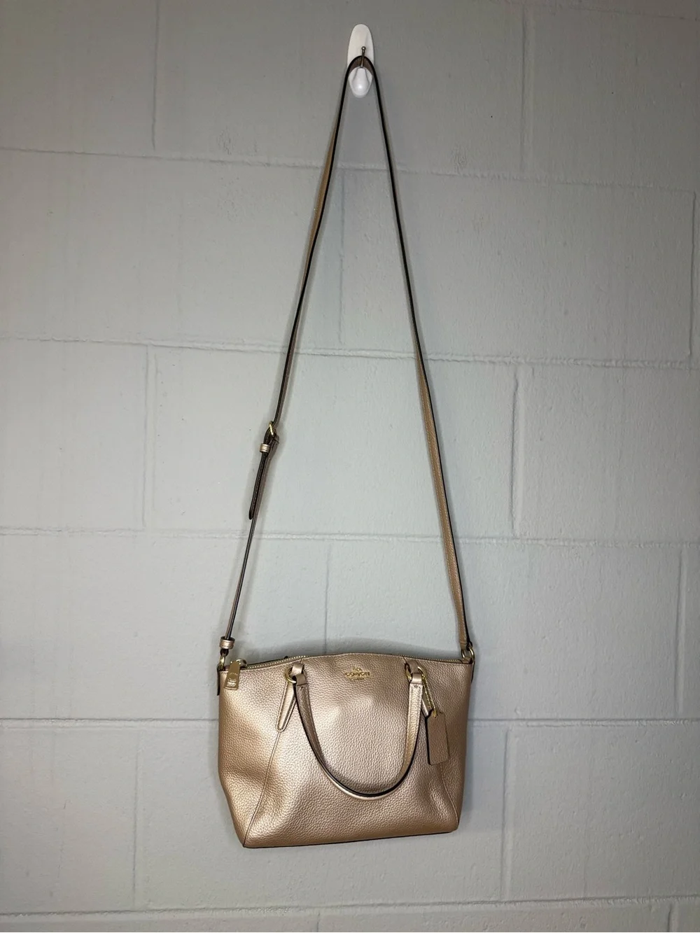Coach Pebble Leather Small Kelsey Satchel in Metallic Beige w/ Detachable Strap