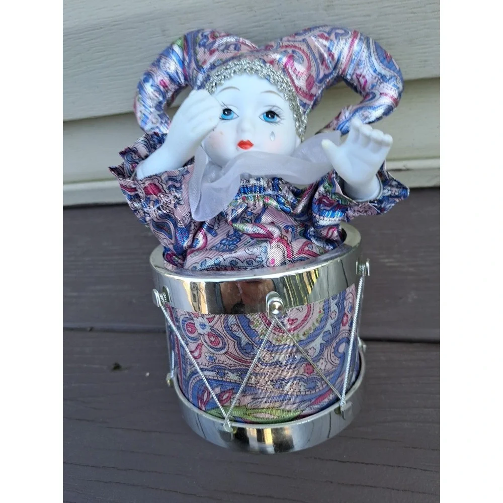 Vintage Musical Animated Jester Clown Doll  Box Porcelain Head Hands