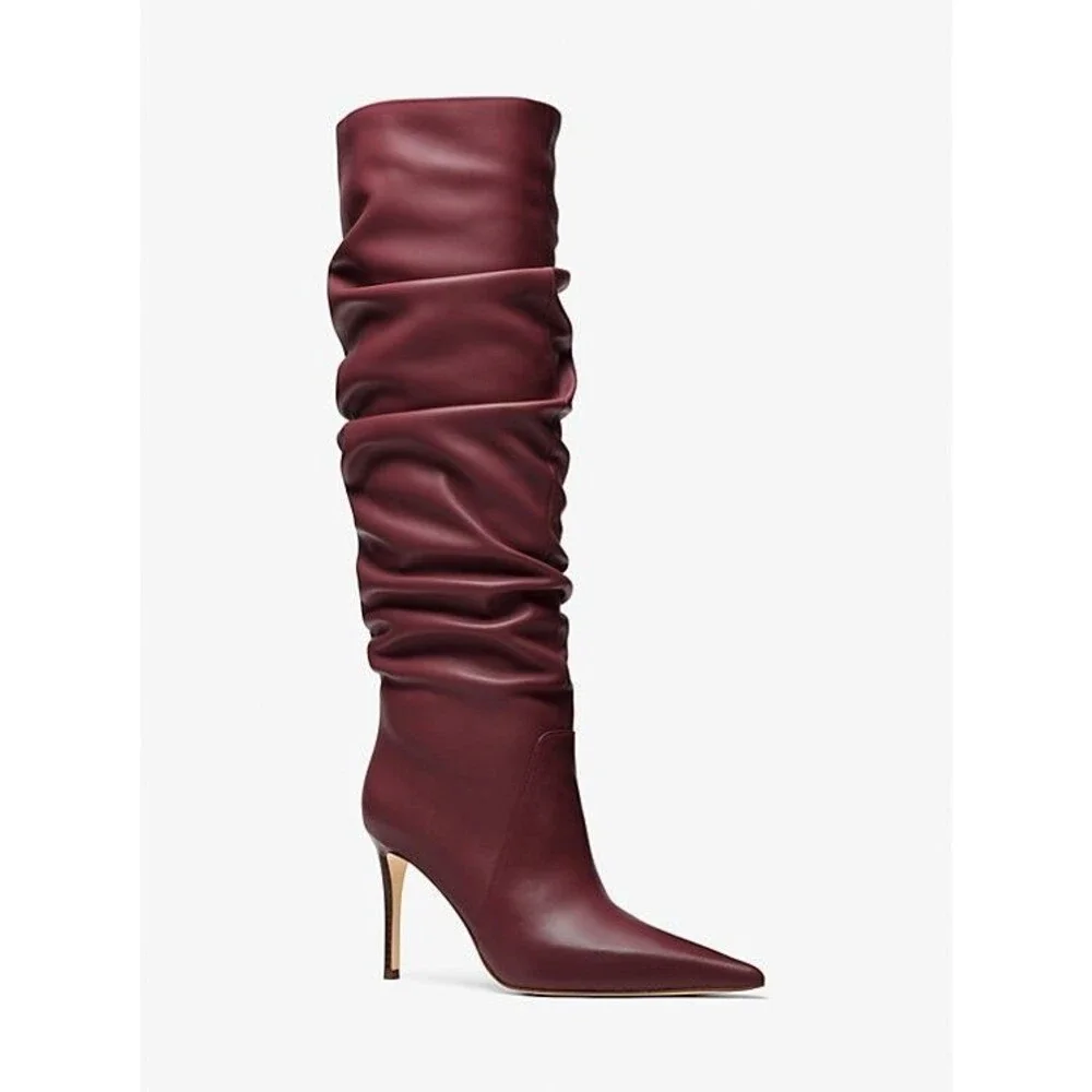 Michael Kors Dawn Tall Ruched Leather Heeled Boots Oxblood NEW $300 SZ 7 M