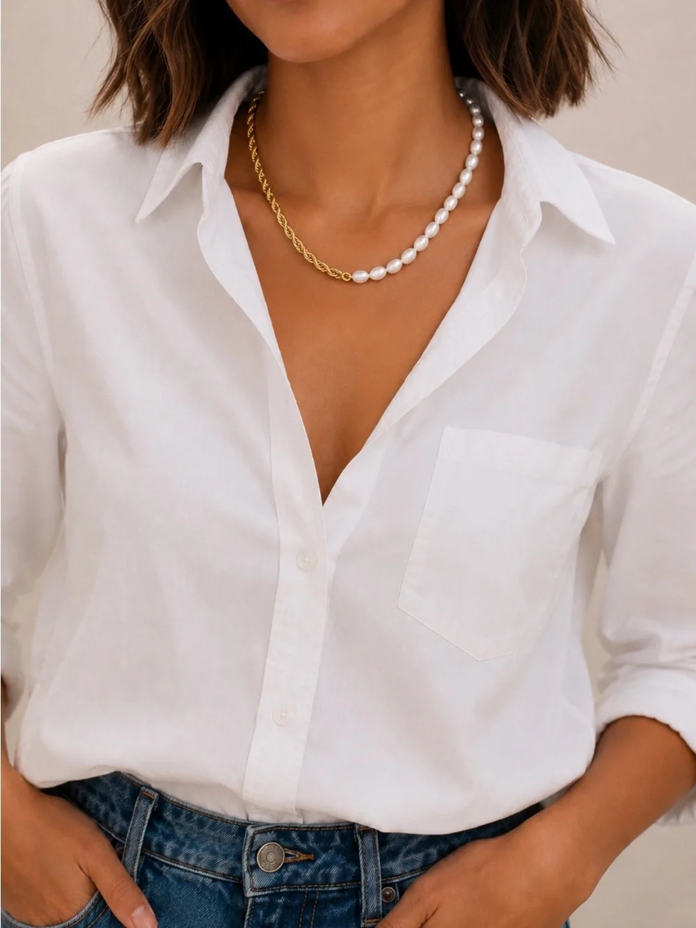New! 18K Gold Plated White Pearl Bead Mixed Chain Necklace NWOT