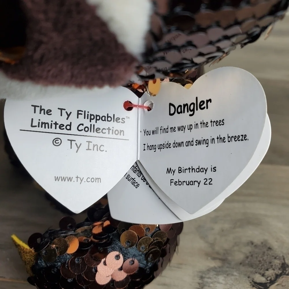 TY Flippables Limited Collection Dangler the Sloth Brown Gold Sequins Plush 6