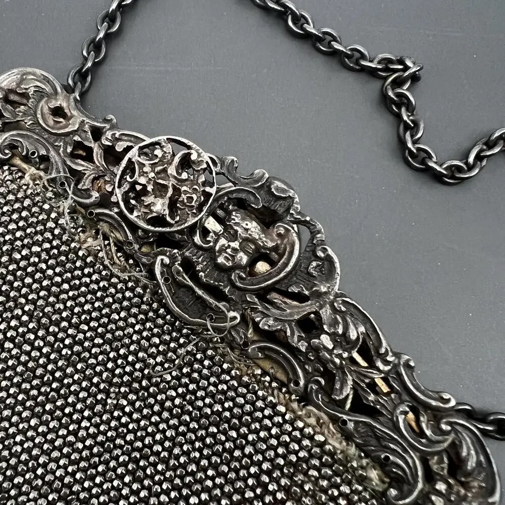 Antique Victorian Cut Steel Beaded sterling Silver Chatelaine Leather Clutch Pu