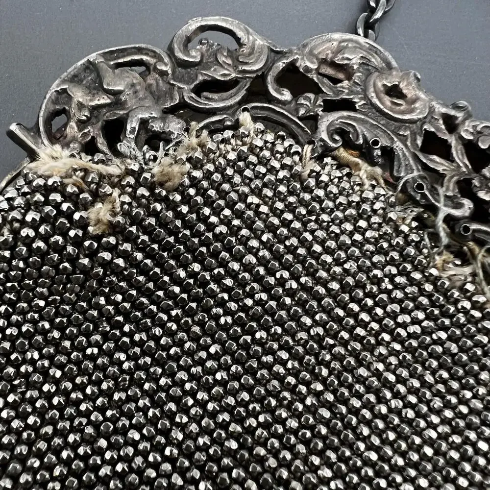 Antique Victorian Cut Steel Beaded sterling Silver Chatelaine Leather Clutch Pu