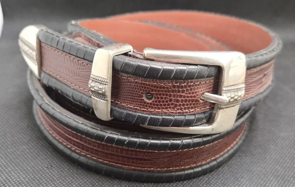 Jos A Bank Brown Black Lizard-Embossed Leather Belt Silver Buckle Sz 46 X 1.5