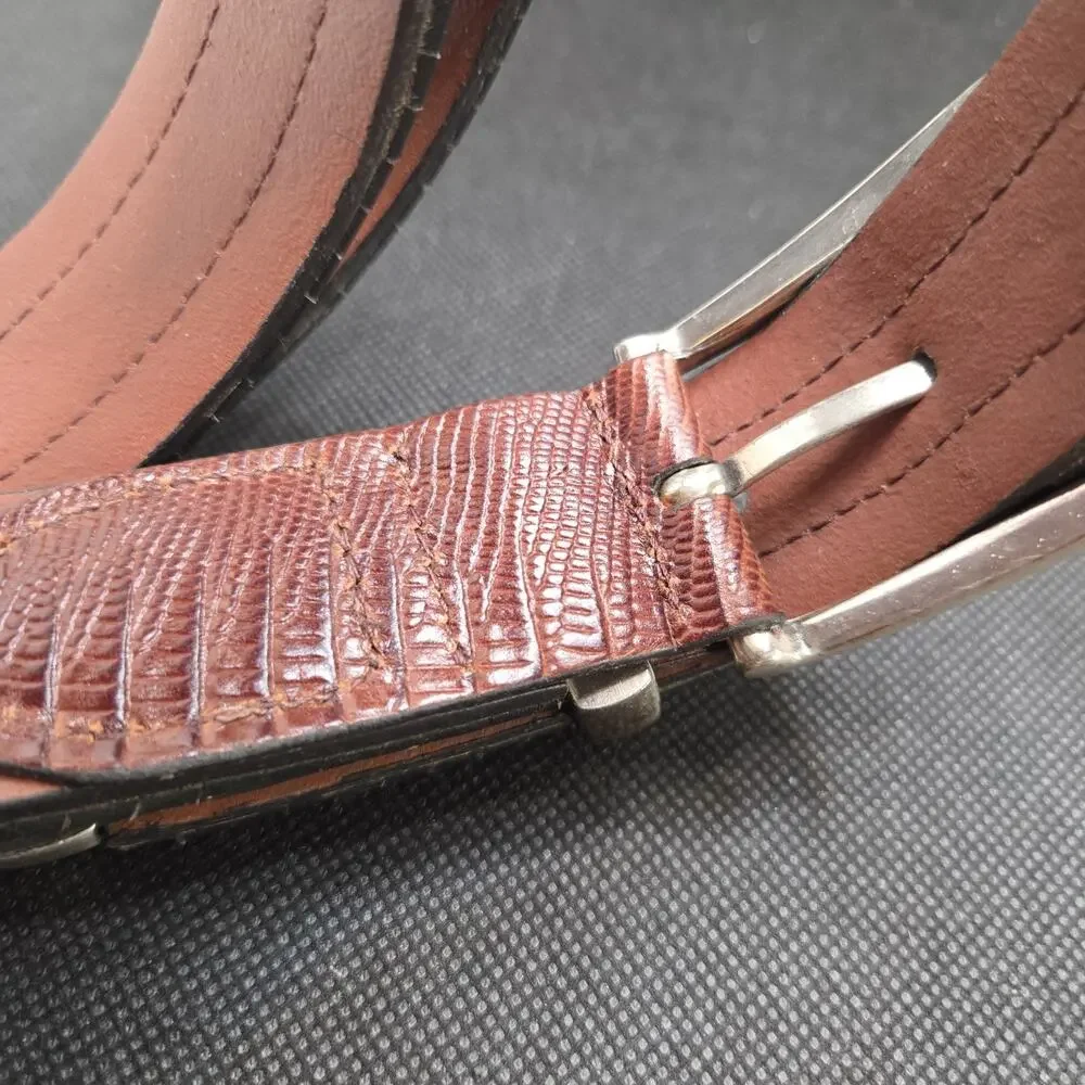 Jos A Bank Brown Black Lizard-Embossed Leather Belt Silver Buckle Sz 46 X 1.5