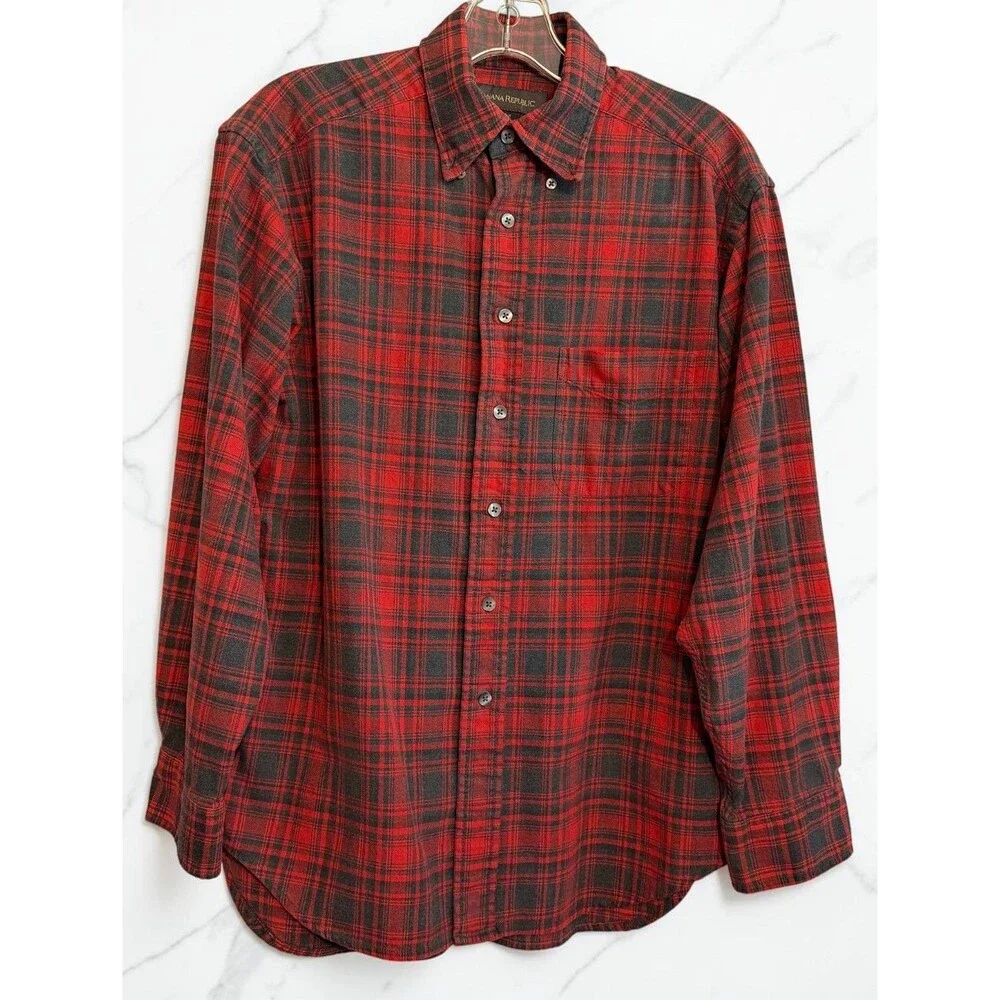 Vintage Banana Republic Flannel Shirt Men's Size Small Red Plaid