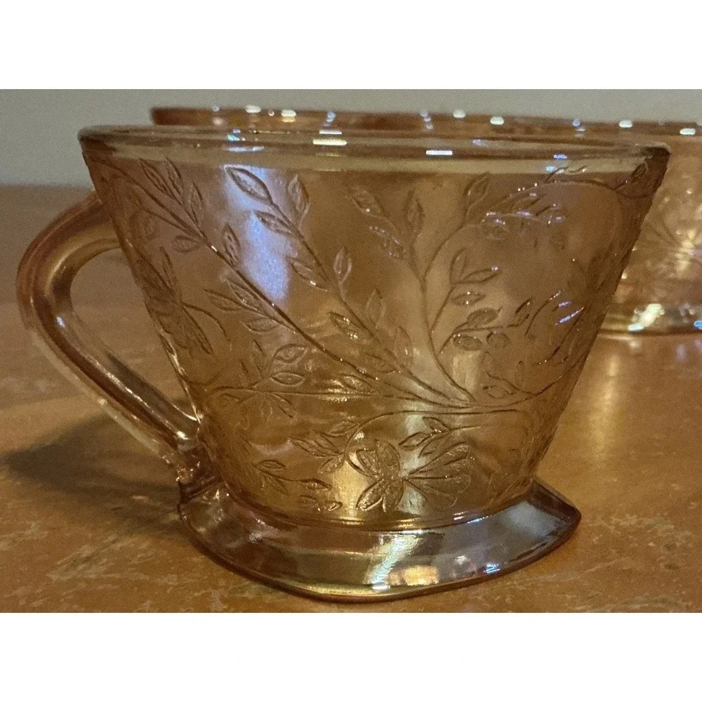 Vtg Set Of 5 Jeanette Glass Floragold‎ Louisa Depression Tea/Coffee Cups