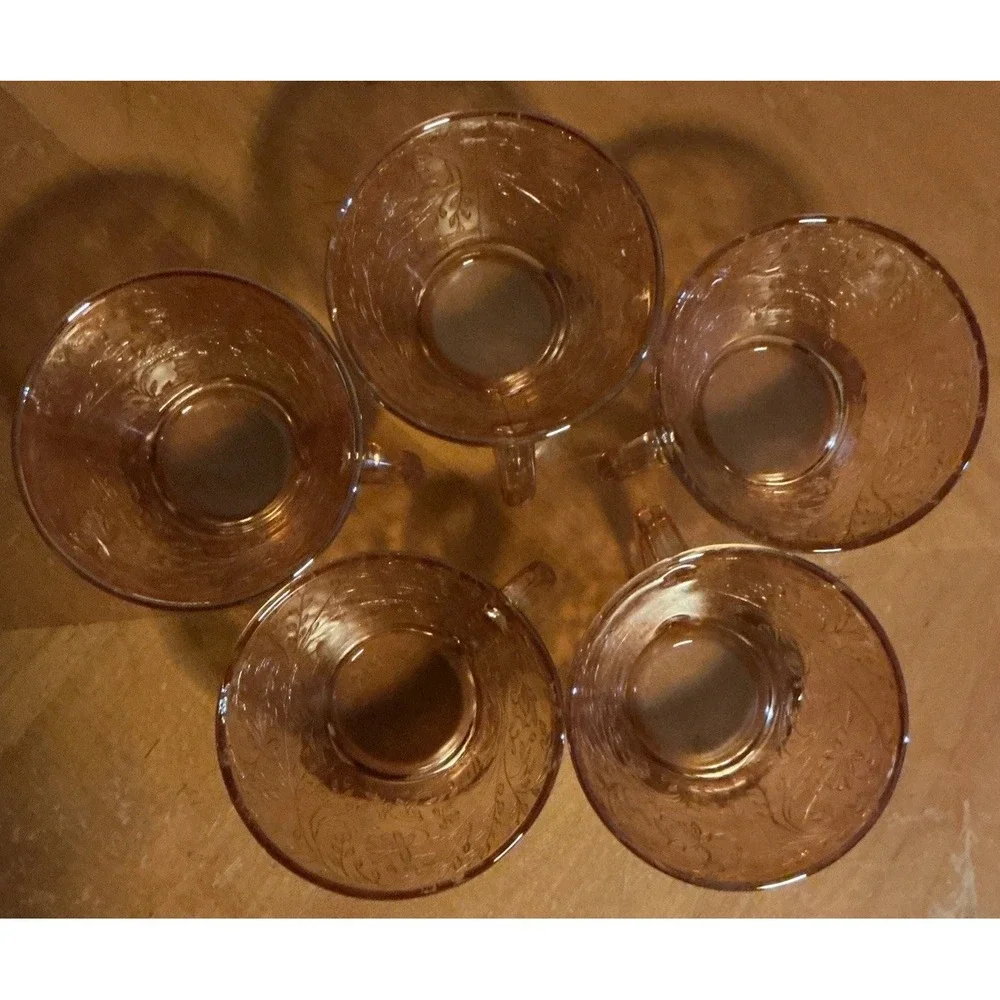 Vtg Set Of 5 Jeanette Glass Floragold‎ Louisa Depression Tea/Coffee Cups