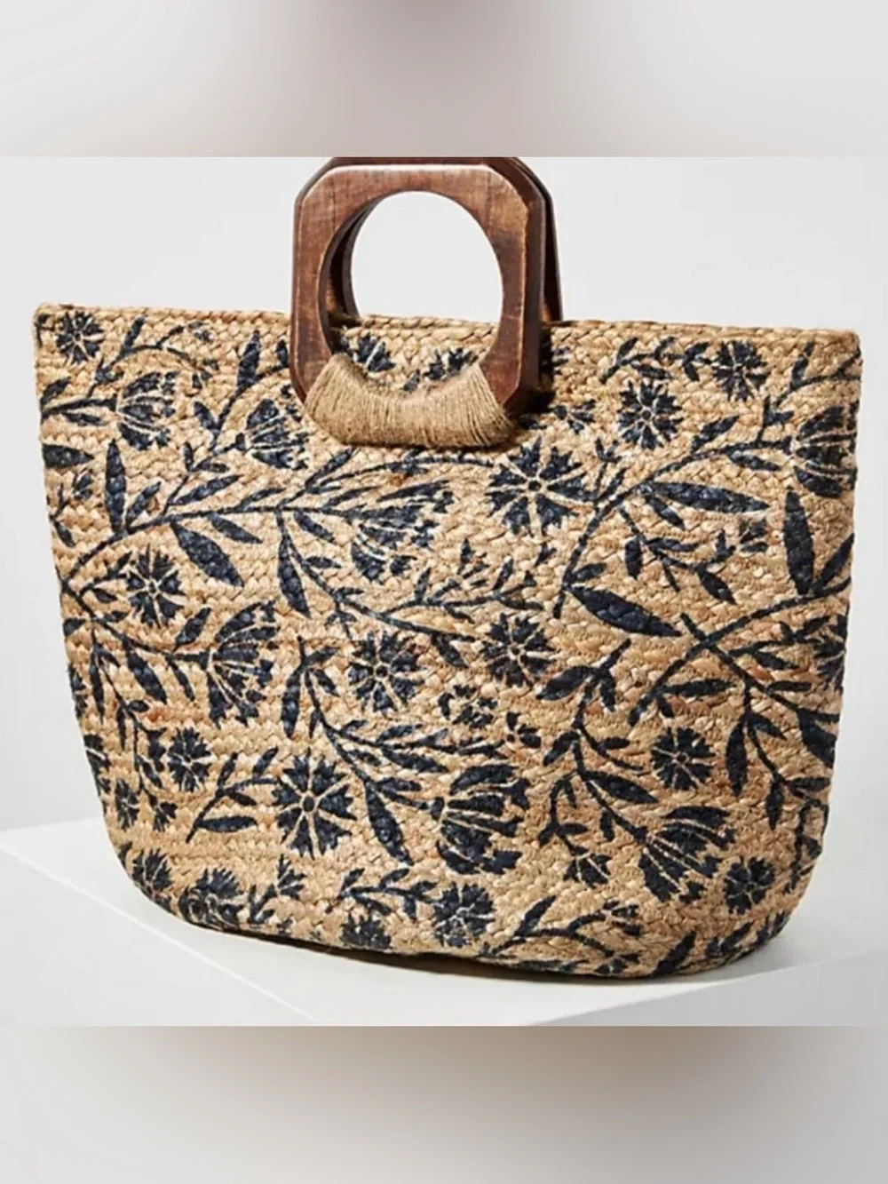 Antik Kraft Tote Bag Beach Floral Jute Double Wooden Handle Summer
