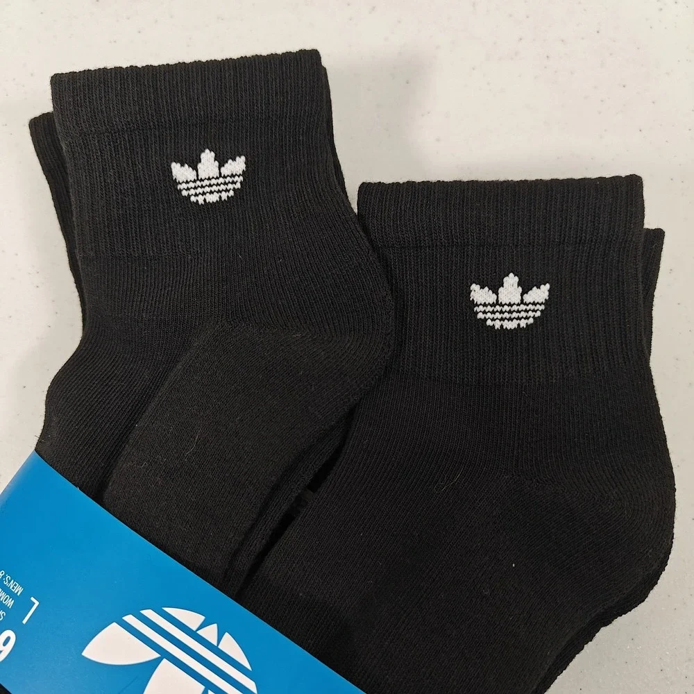 Adidas Originals Trefoil Cushioned Quarter Socks 6 Pair Black Men's L 6-12 New
