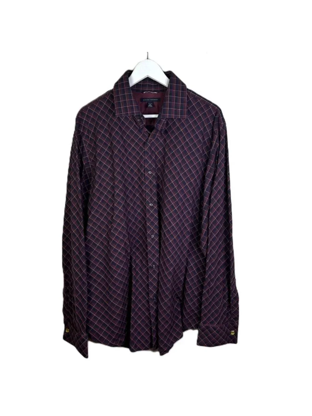 Vintage Y2K Banana Republic Maroon & Navy Checked Dress Shirt, French Cuffs, XL
